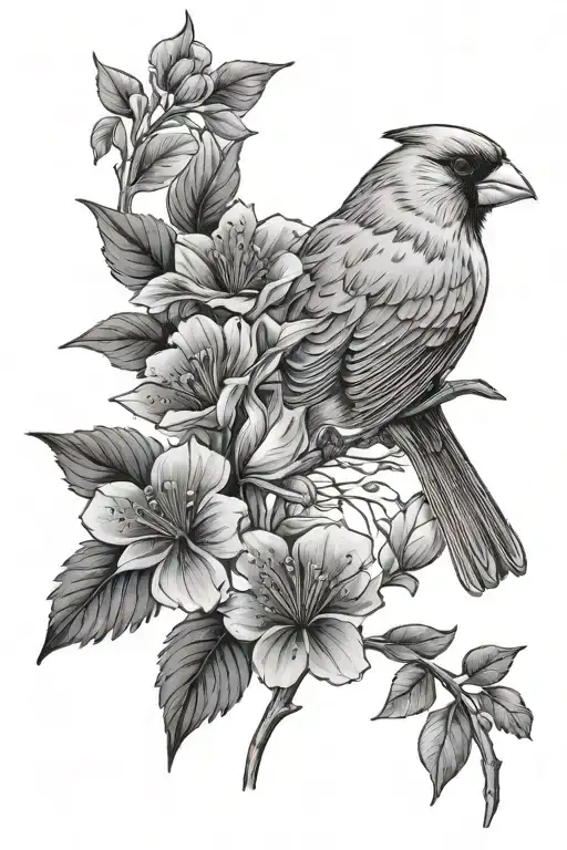 Cardinal And Flowers
