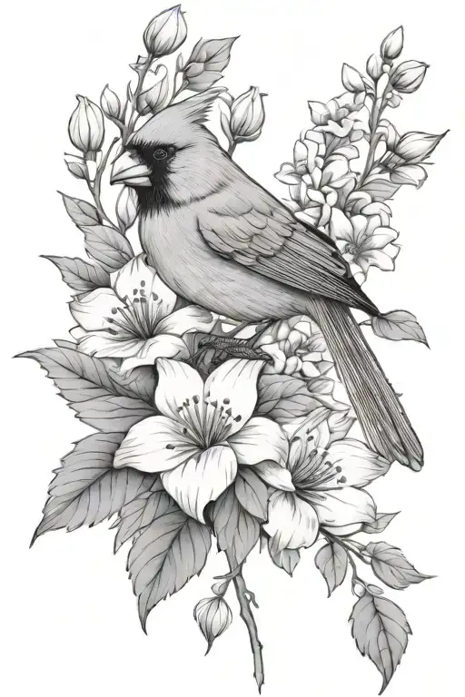 Cardinal And Flowers