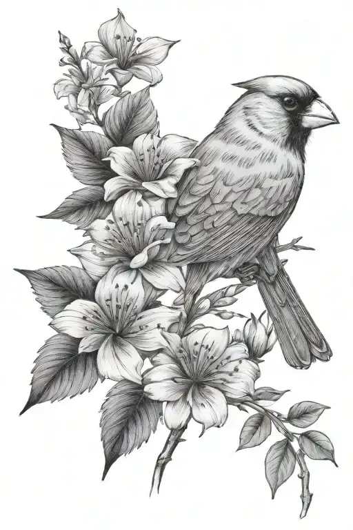 Cardinal And Flowers
