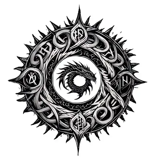 Circle With Viking Runes Engraved With A Dragon Intertwined