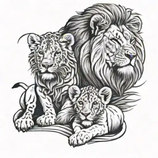 Lion Protecting Two Cubs One Smaller Than The Other With A Nice Background