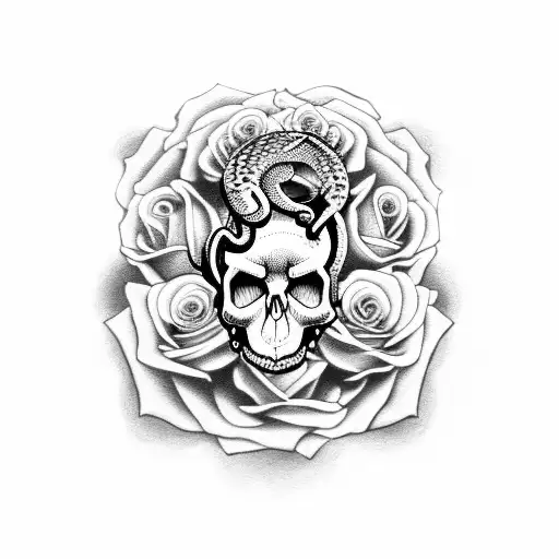 A Snake Coiled Around A Skull With Roses In The Background