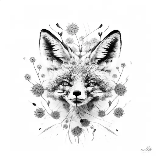 A Black And Grey Portrait Of A Fox With Delicate Flower Petals Falling Around It