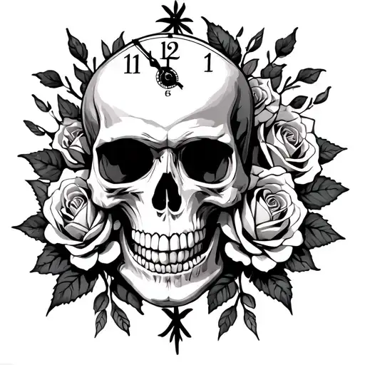 Skull With Roses And Clock