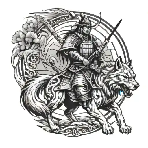 Create A Photo Depicting A Samurai And A Wolf