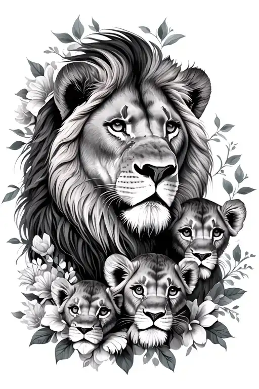 Female Lion And 3 Cubs With Flowers Wrapped