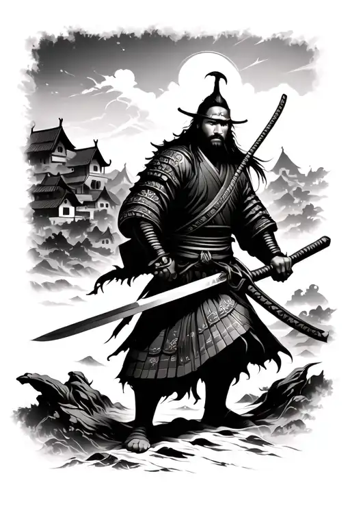 Samurai With A Sword With Village Nestled