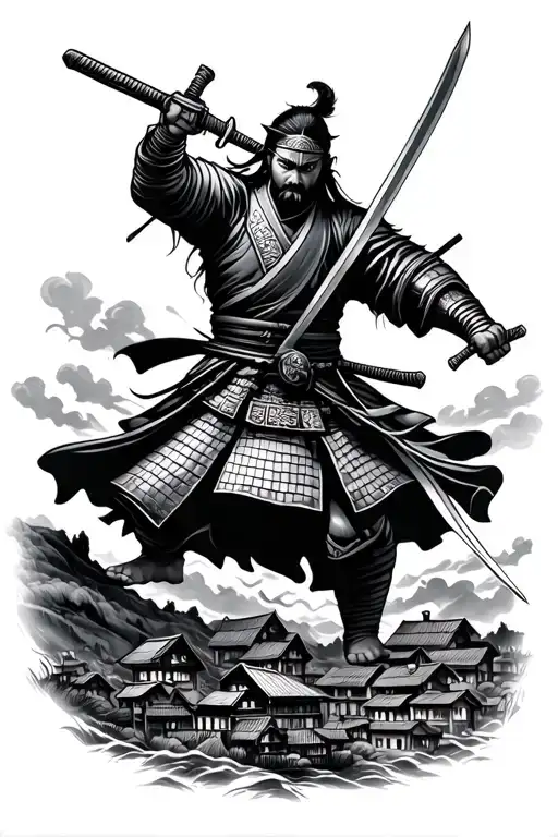 Samurai Battle With A Sword With Village Nestled