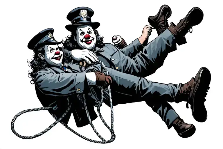 Clown Holding A Police Officer With Puppet Rope