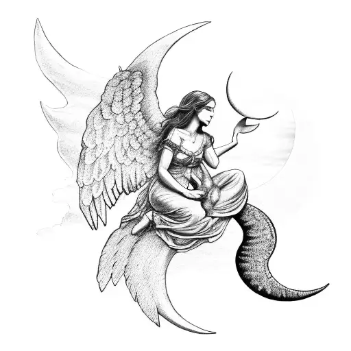 Resurrecting Angel With Snake Around It And Waxing Crescent Moon On Top Corner