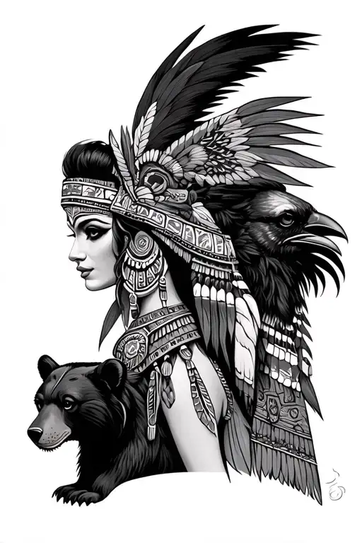 Lady Azteca Warrior With Bear And Raven