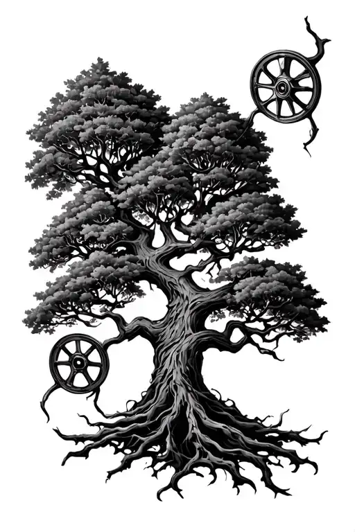 A Tree Of Life With Four Toothed Wheels In A Crown