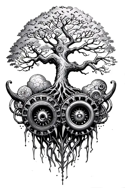 Four Toothed Wheels Streampunk With A Tree Of Life