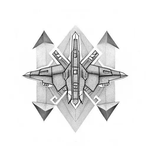 A Black-grey Tattoo Of Geometric Shapes Representing Different Fighter Jets Flying In Formation