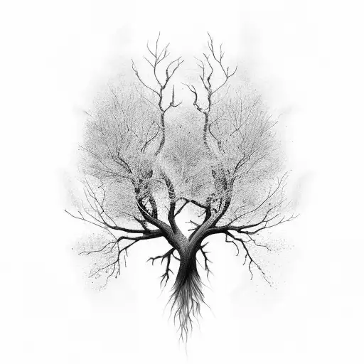 A 3D Black-grey Tattoo Of A Tree With Roots Shaped Like Fighter Jets