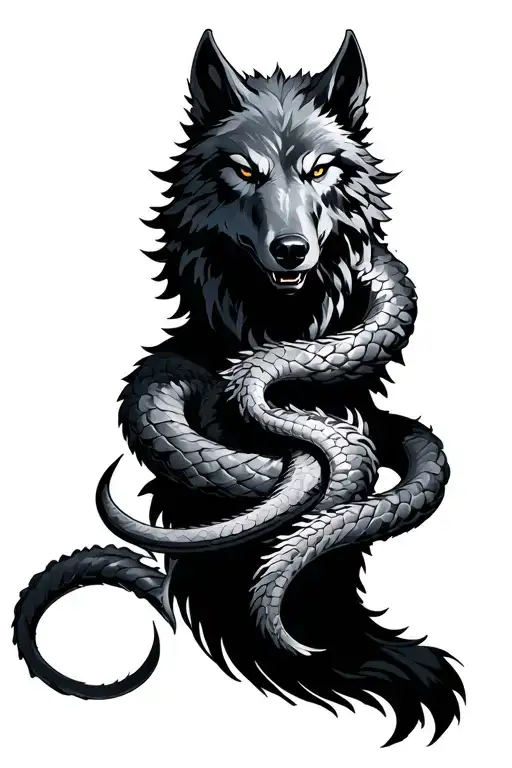 Jormungandr Wrapped Around Fenrir Wolf