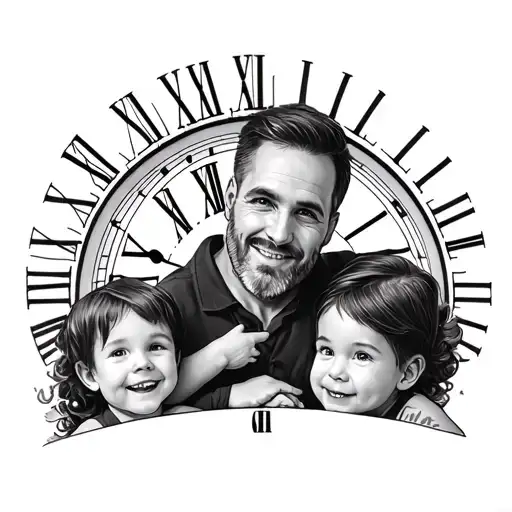 Dad With Two Children With Clock Behind