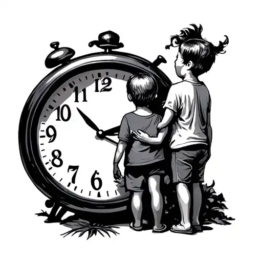 Dad Holding Hands With Two Children With Clock Behind