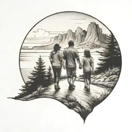 Family Of Three Walking Down The Road With Forest And Cliffs In Background