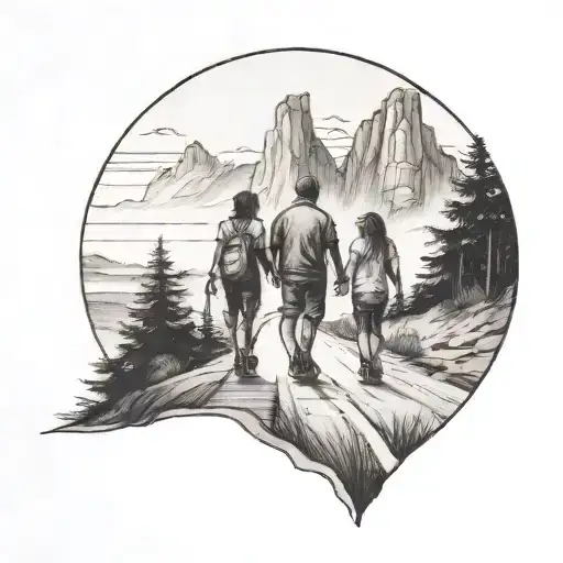 Family Of Three Walking Down The Road With Forest And Cliffs In Background