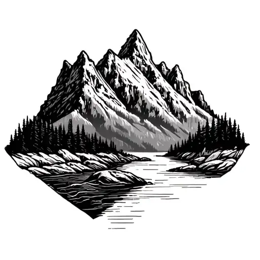 Mountain And River Line Drawing Very Minimalist And Small