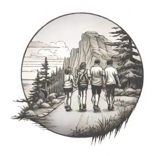 Family Of Three Walking Down The Road With Forest And Cliffs In Background