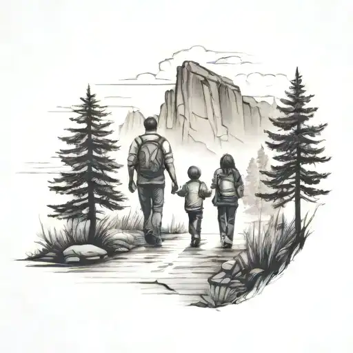 Family Of Three Walking Down The Road With Forest And Cliffs In Background