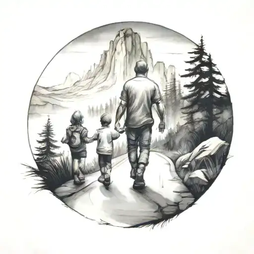 Father With Two Kids Walking Down The Road With Forest And Cliffs In Background