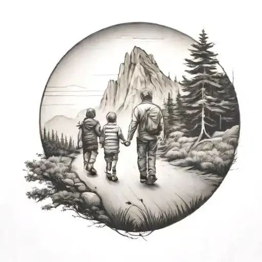 Father With Two Kids Walking Down The Road With Forest And Cliffs In Background
