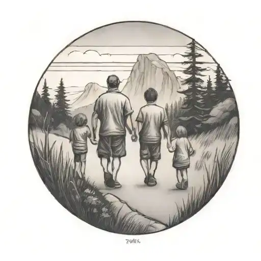 Father With Two Kids Walking Down The Road With Forest And Cliffs In Background