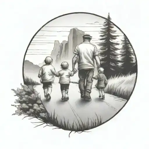 Father With Two Kids Walking Down The Road With Forest And Cliffs In Background