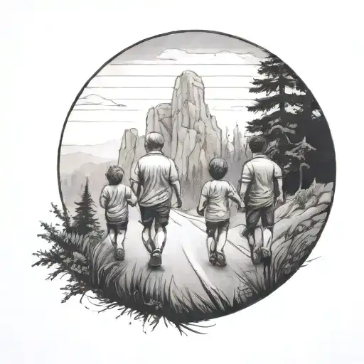 Father With Two Kids Walking Down The Road With Forest And Cliffs In Background