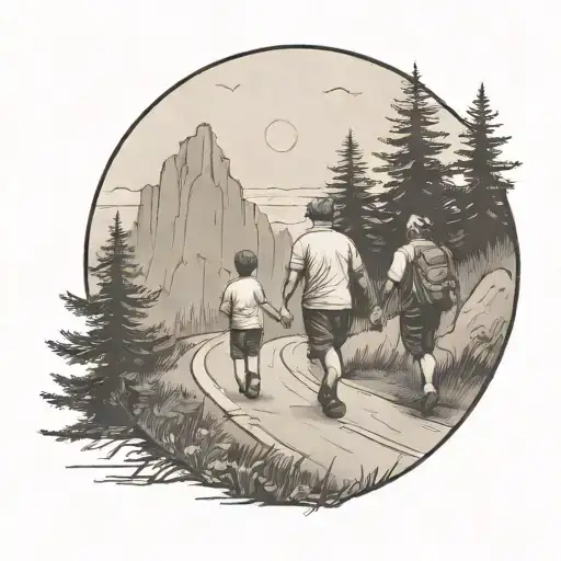 Father In The Middle With Two Kids Walking Down The Road With Forest And Cliffs In Background