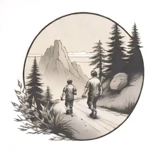 Father In The Middle With Two Kids Walking Down The Road With Forest And Cliffs In Background