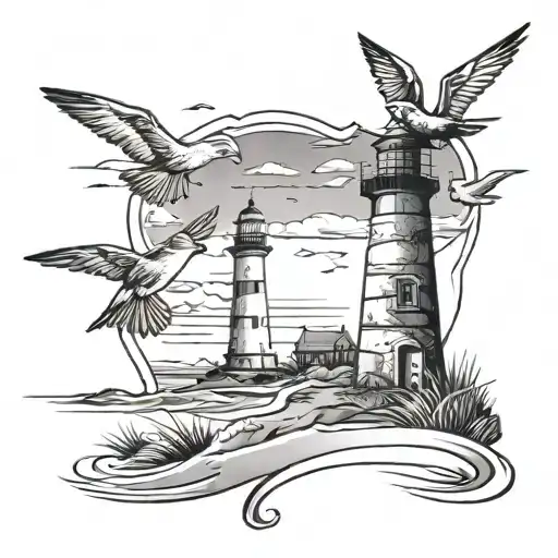 Lighthouse On Beach With Birds Flying
