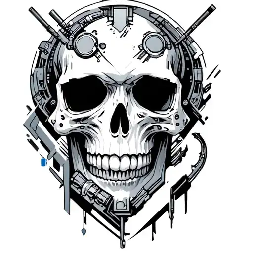 Skull With Cyberpunk Inspired Tattoo Featuring Iconic Symbols