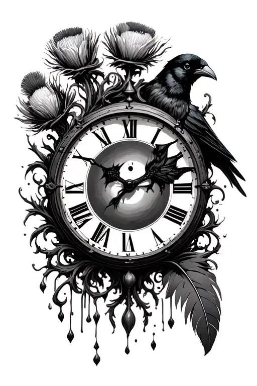 Dali Melting Clock With Thistle Vines And Crow Feather