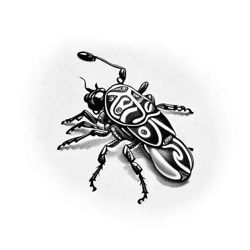 A Black And Grey Tattoo Of A Beetle With Intricate Geometric Patterns As Its Shell