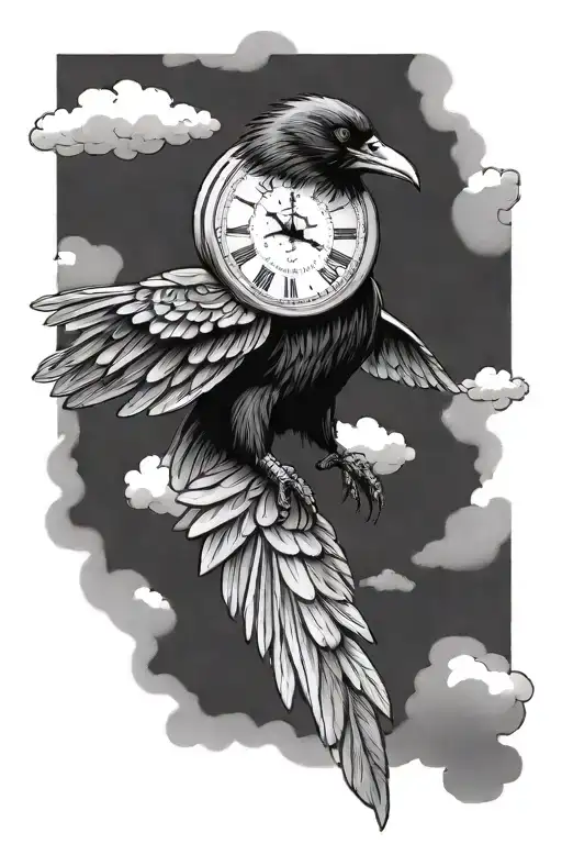 Crow Carrying Pocket Watch From Its Feet In The Clouds