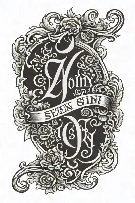 Patch Tattoo Design That Incorporates The Seven Deadly Sins In A Gothic Font
