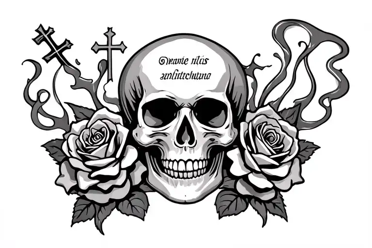 Skull And Roses With Roses And Smoke And A Cross With Names On It