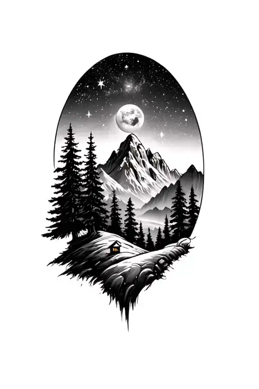 Mountains Behind Trees With Galaxy Stars And A Small Telescope