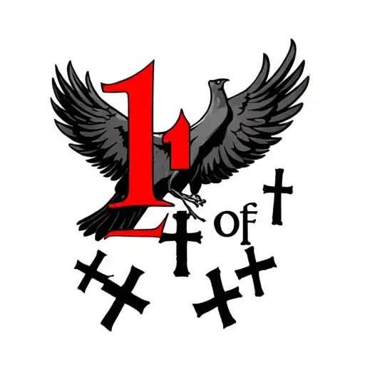 Tattoo That Says 1 Of 1 In Red With A 1 Behind Of In Red And Three Black Crosses And Black Dove