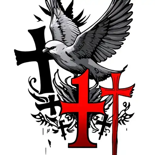 Tattoo That Says 1 Of 1 In Red With A 1 Behind Of In Red And Three Black Crosses And Black Dove