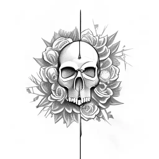 Sword Going Through Skull's Crowned Head With Flowers