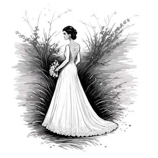 Woman Wedding Dress Standing Side On Long Trail Looking At You
