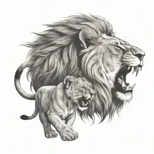 Lion Roaring With Its Cub