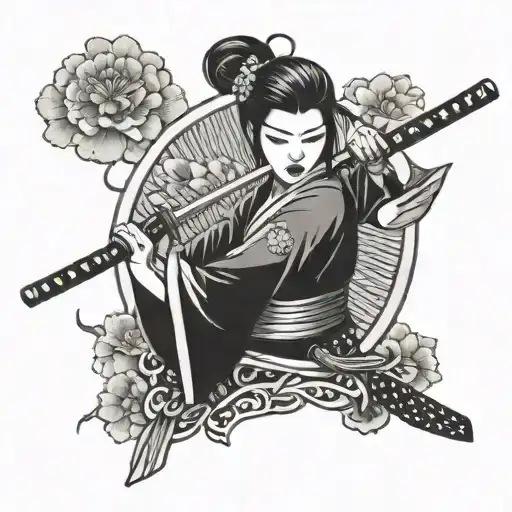 Japan Women With Half Mask And Katana And Flowers Coming