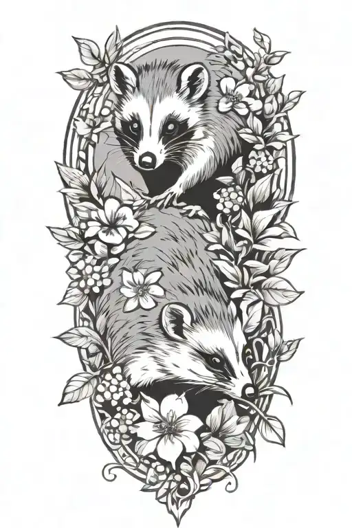 Opossum Surrounded By Greenery And Flowers