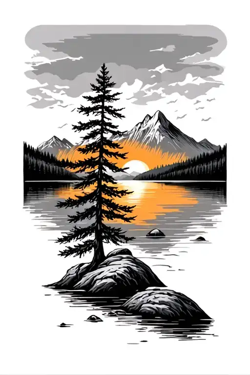 Trees Colors Sunset Over Lake Surrounded By Mountains